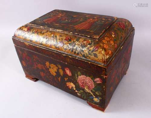 A GOOD PERSIAN QAJAR LACQUER PAINTED LIDDED BOX, decorated t...