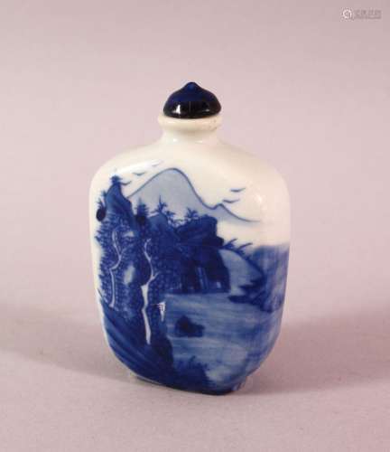 A CHINESE PORCELAIN BLUE AND WHITE SNUFF BOTTLE decorated wi...