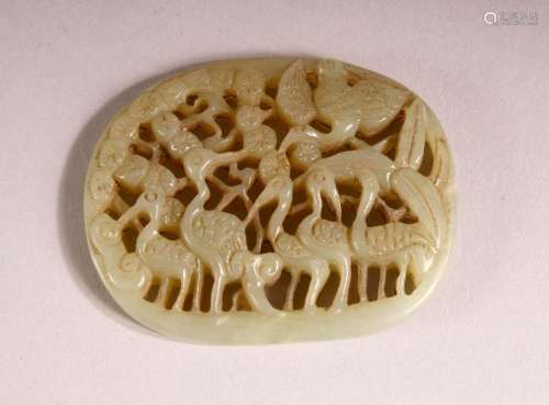 A CHINESE CARVED GREEN JADE PENDANT OF CRANE - carved in ope...