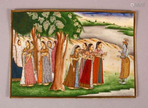 A FINE INDIAN IVORY MINIATURE PAINTING OF KRISHNA AND GOPIES...