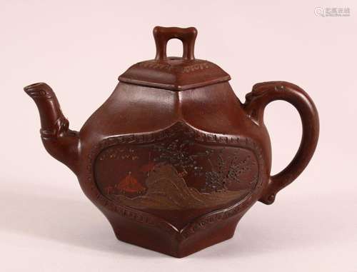 A CHINESE YIXING DIAMOND SHAPE TEAPOT, with a panel depictin...