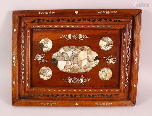 A CHINESE CARVED HARDWOOD INLAID TRAY/PANEL, inlaid with mot...