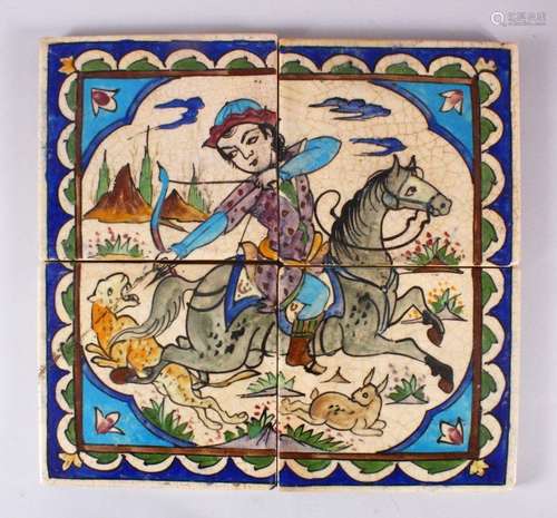 A SET OF FOUR LATE QAJAR PERSIAN HUNTING TILES / PANEL, the ...