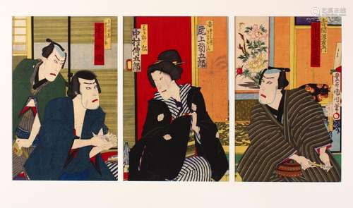 A JAPANESE MEIJI PERIOD WOOD BLOCK PRINT TRIPTYCH - KUNICHIK...