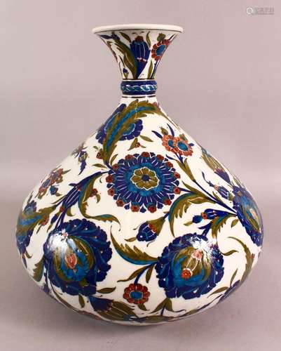 A LARGE FRENCH IZNIK POTTERY VASE - decorated with a white g...