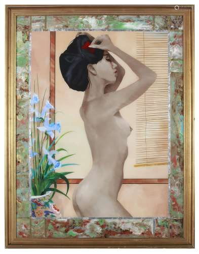GEOFFREY PROUD (b. 1946) Standing Nude with Flowers mixed me...