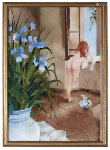 GEOFFREY PROUD (b. 1946) Nude Leaning Out Window with Flower...