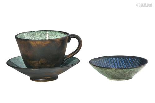 A CUP AND SAUCER BY DAVID & HERMIA BOYD TOGETHER WITH AN...