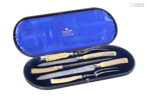 A VICTORIAN ANTLER MOUNTED CARVING SET