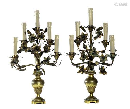 A PAIR OF FRENCH GILT METAL FIVE LIGHT TABLE LAMPS