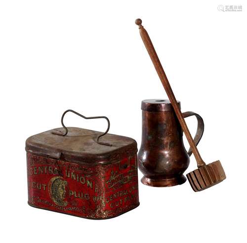 AN ANTIQUE FRENCH COPPER AND IRON CHOCOLATIERE AND MOLINET T...