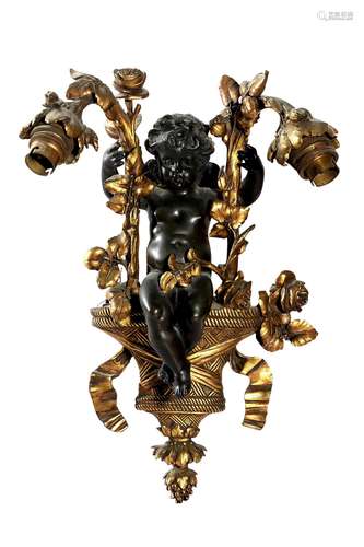 A FRENCH BRONZE AND GILT BRONZE TWIN-LIGHT SCONCE