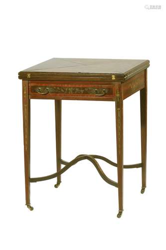 AN EDWARDIAN MAHOGANY AND SATINWOOD ENVELOPE CARD TABLE BY P...