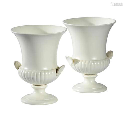 A PAIR OF WEDGWOOD MOONSTONE URN SHAPED VASES