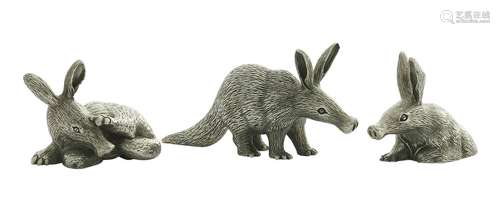 A SET OF THREE ZIMBABWEAN SILVER AARDVARKS BY PATRICK MAVROS