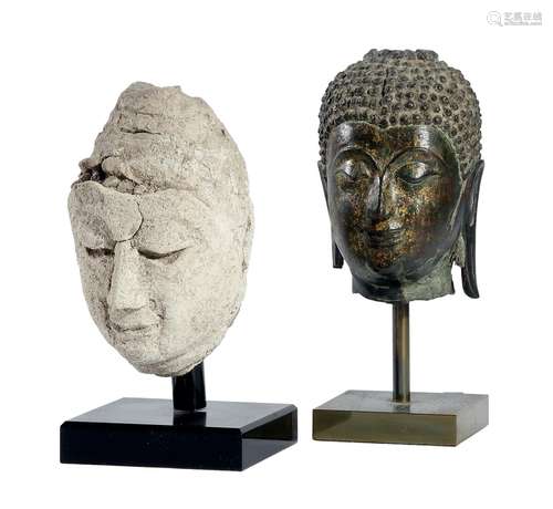 TWO THAI SUKHOTHAI STYLE BUDDHA HEADS 15TH/16TH CENTURY