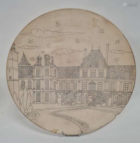 LONGWY, Grand plat en céramique au décor inachevé figurant l...