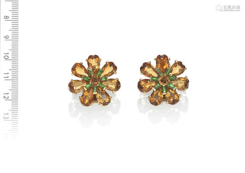 MID 20TH CENTURY CITRINE AND DEMANTOID GARNET EARCLIPS