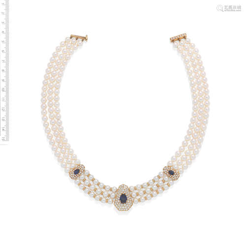 MAUBOUSSIN: CULTURED PEARL, SAPPHIRE AND DIAMOND COLLAR, CIR...