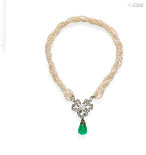 NATURAL PEARL, EMERALD AND DIAMOND TORSADE NECKLACE