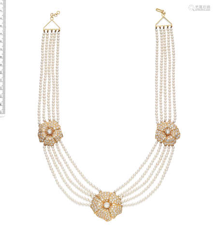 DIAMOND AND CULTURED PEARL NECKLACE, BRACELET AND EARRING SU...