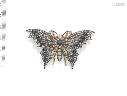 19TH CENTURY DIAMOND AND GEM-SET BUTTERFLY BROOCH