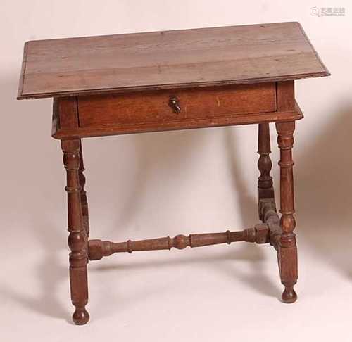 An early 18th century joined oak single drawer side table, o...