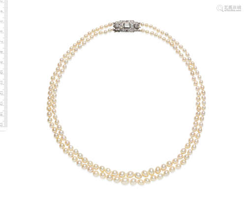 ART DECO TWO-ROW NATURAL PEARL AND DIAMOND NECKLACE, CIRCA 1...