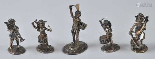 A matched set of five miniature silver musicians, each as wi...