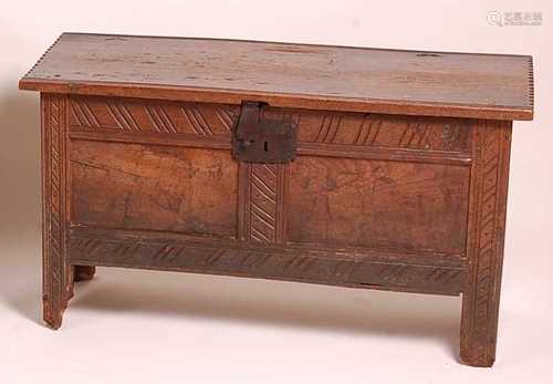 A circa 1700 oak two-panel coffer, of small proportions, the...