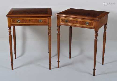 A pair of walnut and figured walnut lamp tables, each having...