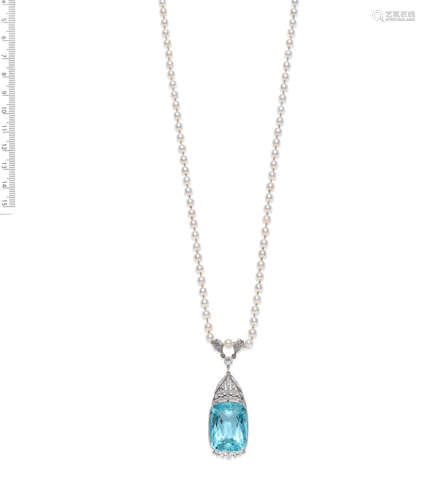 AQUAMARINE AND DIAMOND PENDANT/CULTURED PEARL NECKLACE, CIRC...