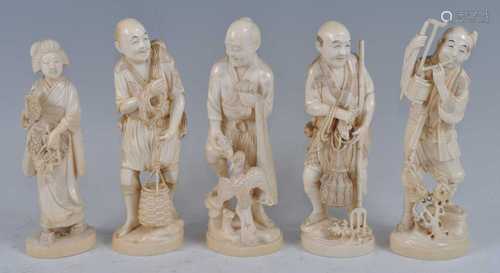 A matched group of five Japanese Meiji period carved ivory o...