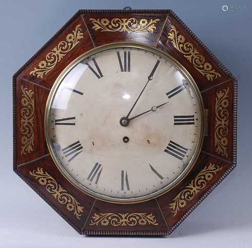 A Regency rosewood and brass inlaid wall clock, of octagonal...