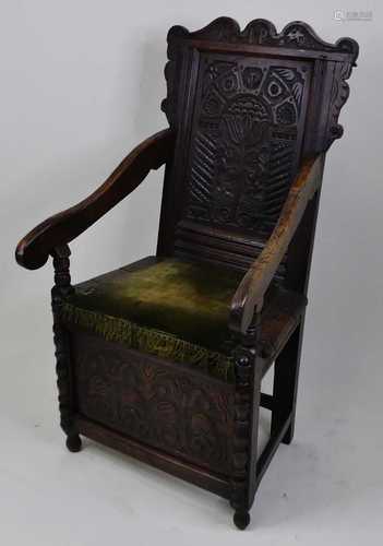 An early 18th century joined oak Wainscot chair, the blind c...