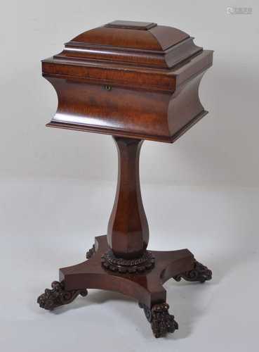 A William IV fiddleback mahogany pedestal teapoy, of sarcoph...