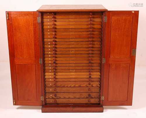 A late Victorian satinwood collectors cabinet, the twin pane...