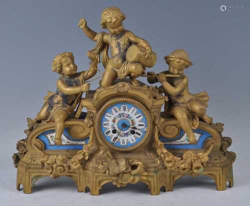 A late 19th century French gilt metal and porcelain inset ma...