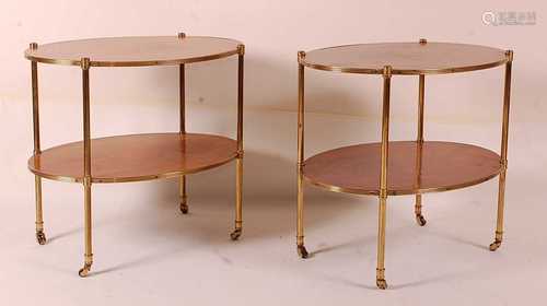 A pair of lacquered brass and rosewood two-tier etagere, ear...