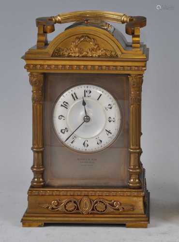 A late 19th century French gilt bronze carriage clock, retai...