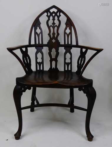 A Victorian elm seat and fruitwood Gothic influence Windsor ...