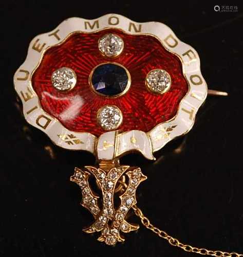 A yellow metal, sapphire and diamond enamel brooch, comprisi...