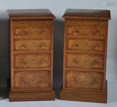 A pair of oak and burr oak bedside chests, having a crossban...