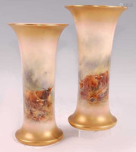 A pair of Royal Worcester trumpet vases decorated by James S...