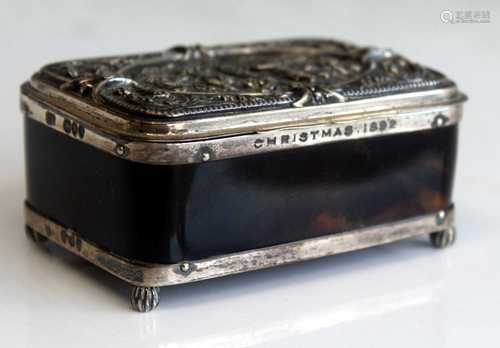 A late Victorian silver and tortoiseshell trinket box, of re...