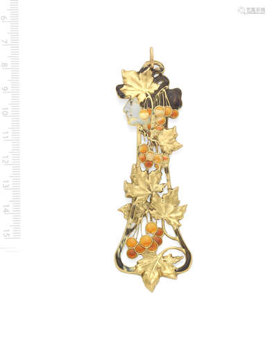 RENÉ LALIQUE: GOLD AND ENAMEL 'AUTUMN' PENDANT, CIRCA 1898-1...