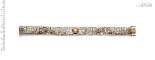 ART DECO COLOURED DIAMOND AND DIAMOND PICTURE BRACELET, CIRC...