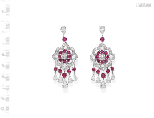 GRAFF: PAIR OF DIAMOND AND RUBY PENDENT EARRINGS