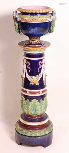 A Victorian majolica pedestal jardiniere in the manner of Ge...