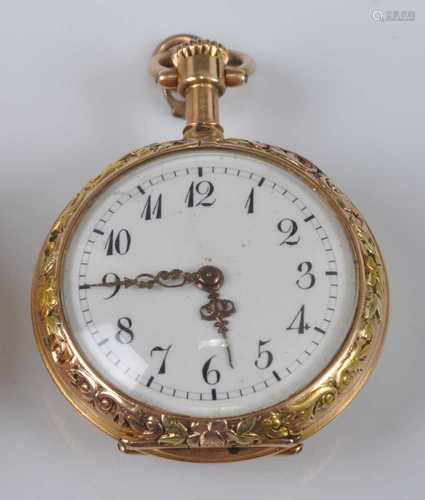 A rose metal lady's manual wind open face pocket watch, havi...